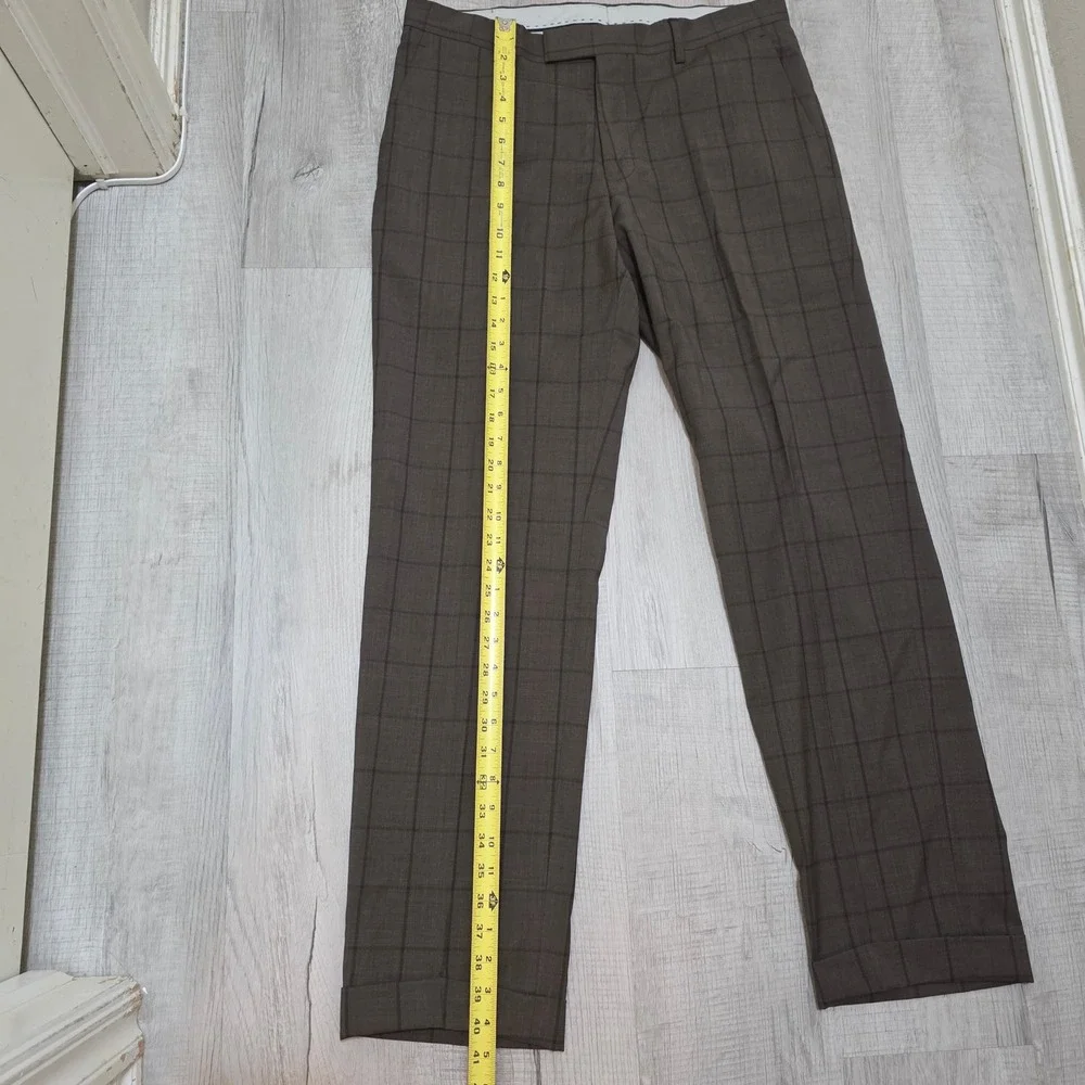 Paul Fredrick Men's Brown Windowpane Plaid 100% Wool Tailored Fit Dress Pants 34